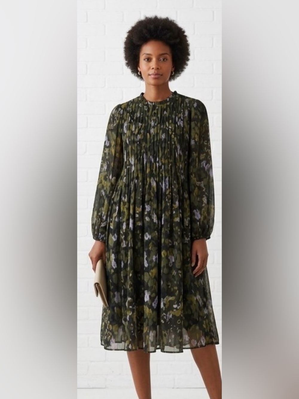Pinch Olive Green Pleated Floral Midi Dress